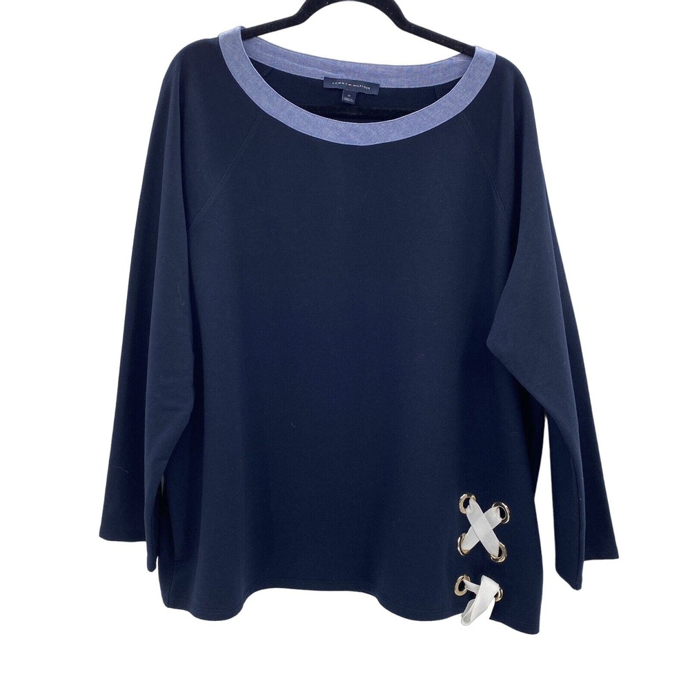Tommy Hilfiger Boat Neck Nautical Top Size 1X Navy Blue Knit Ribbon Tie Detail